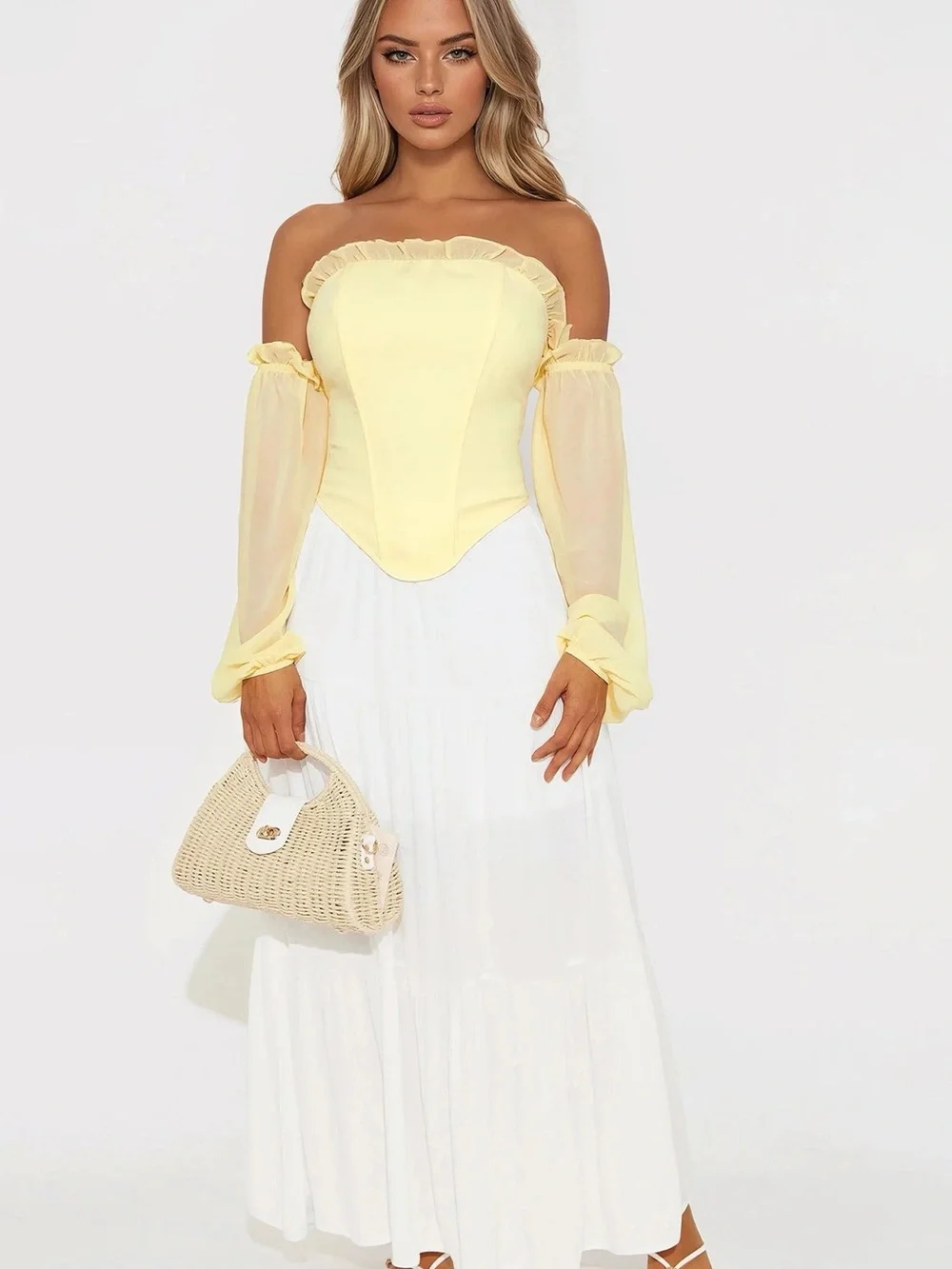 Strapless Ruffle Corset Top in Pale Yellow
